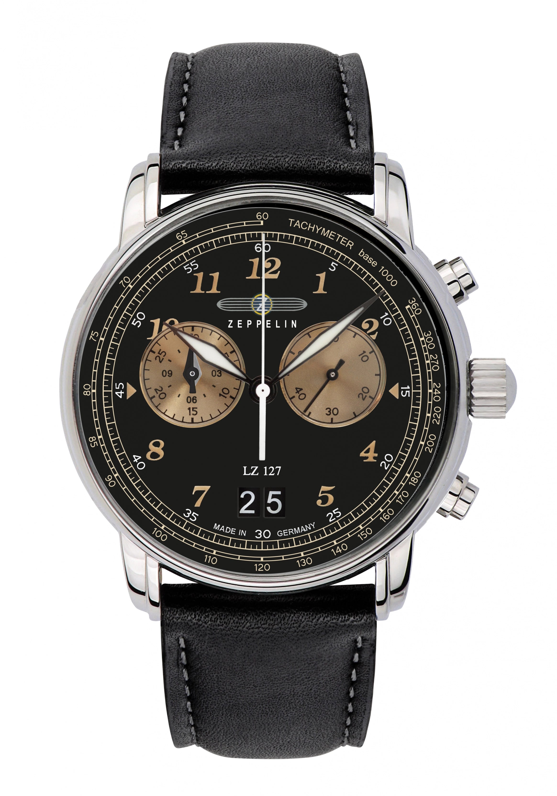Herren-Chronograph mit schwarzem Zifferblatt und schwarzem Lederarmband, silbernes Gehäuse
