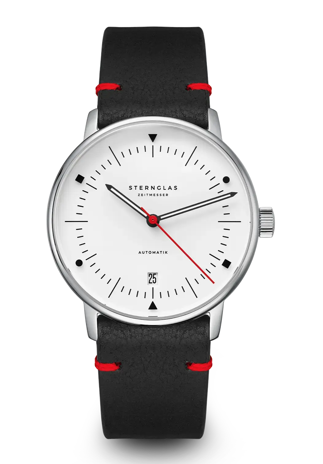 Armbanduhr mit schwarzem Lederband, weißem Zifferblatt und roten Akzenten, Automatik