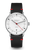Armbanduhr mit schwarzem Lederband, weißem Zifferblatt und roten Akzenten, Automatik
