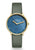 Dunkelblaue Damenarmbanduhr mit goldenem Gehäuse und grünem Lederband, analoge Ziffern