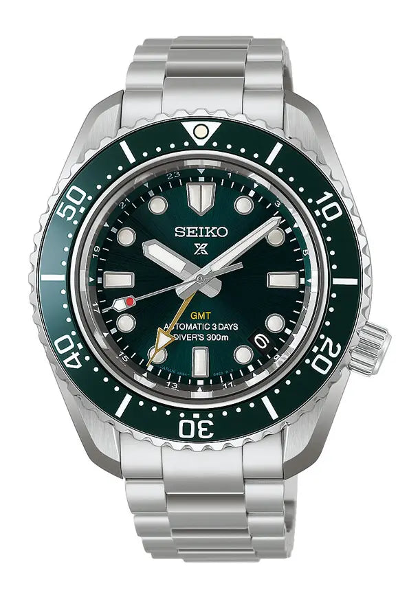 Seiko Prospex Diver GMT Uhr mit grünem Zifferblatt und Edelstahlband