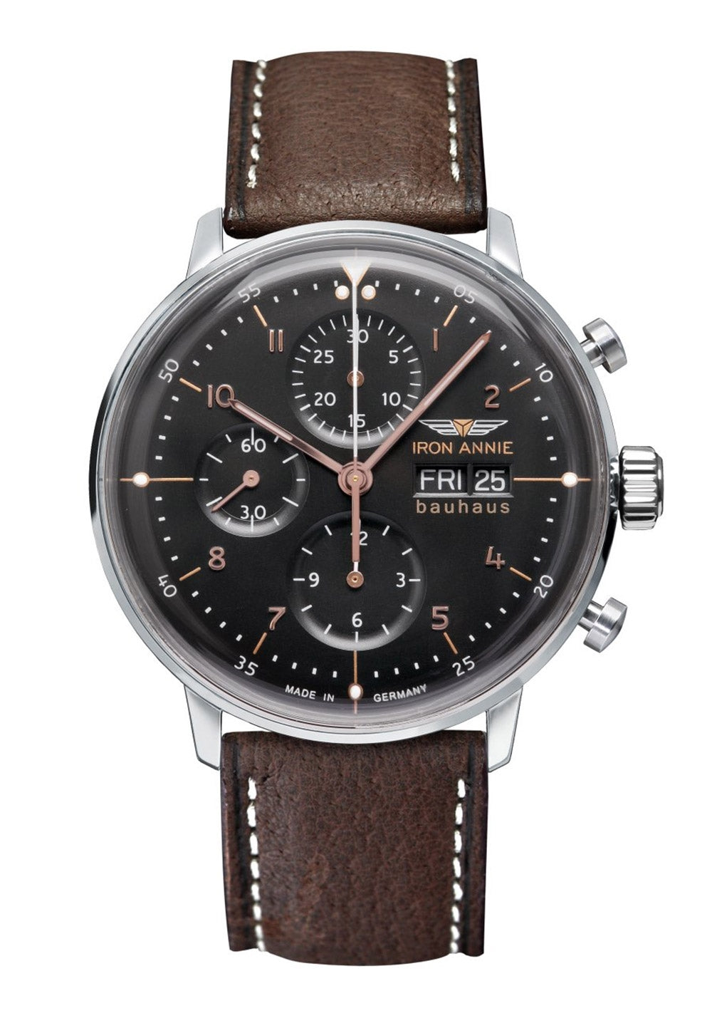 Herrenuhr-Chronograph mit schwarzem Zifferblatt und braunem Lederarmband, sichtbar vorne