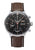 Herrenuhr-Chronograph mit schwarzem Zifferblatt und braunem Lederarmband, sichtbar vorne