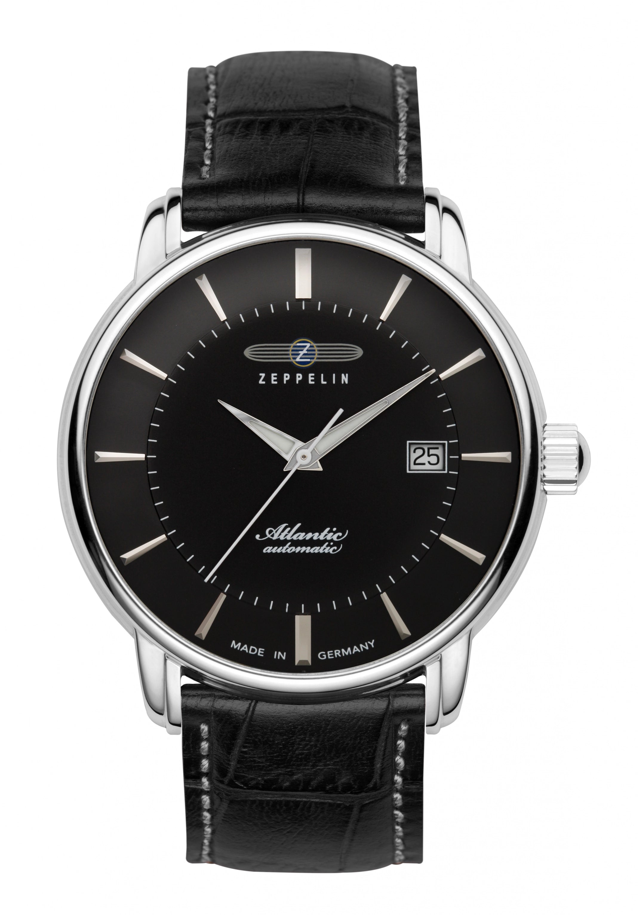 Zeppelin Atlantic Herrenuhr mit schwarzem Zifferblatt, Lederarmband und Datumsanzeige