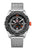 Herren-Armbanduhr: schwarzes Zifferblatt, silbernes Metallgeflechtband, orange Akzente