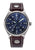 Herrenuhr mit blauem Zifferblatt, Saphirglas und dunkelbraunem Lederarmband.