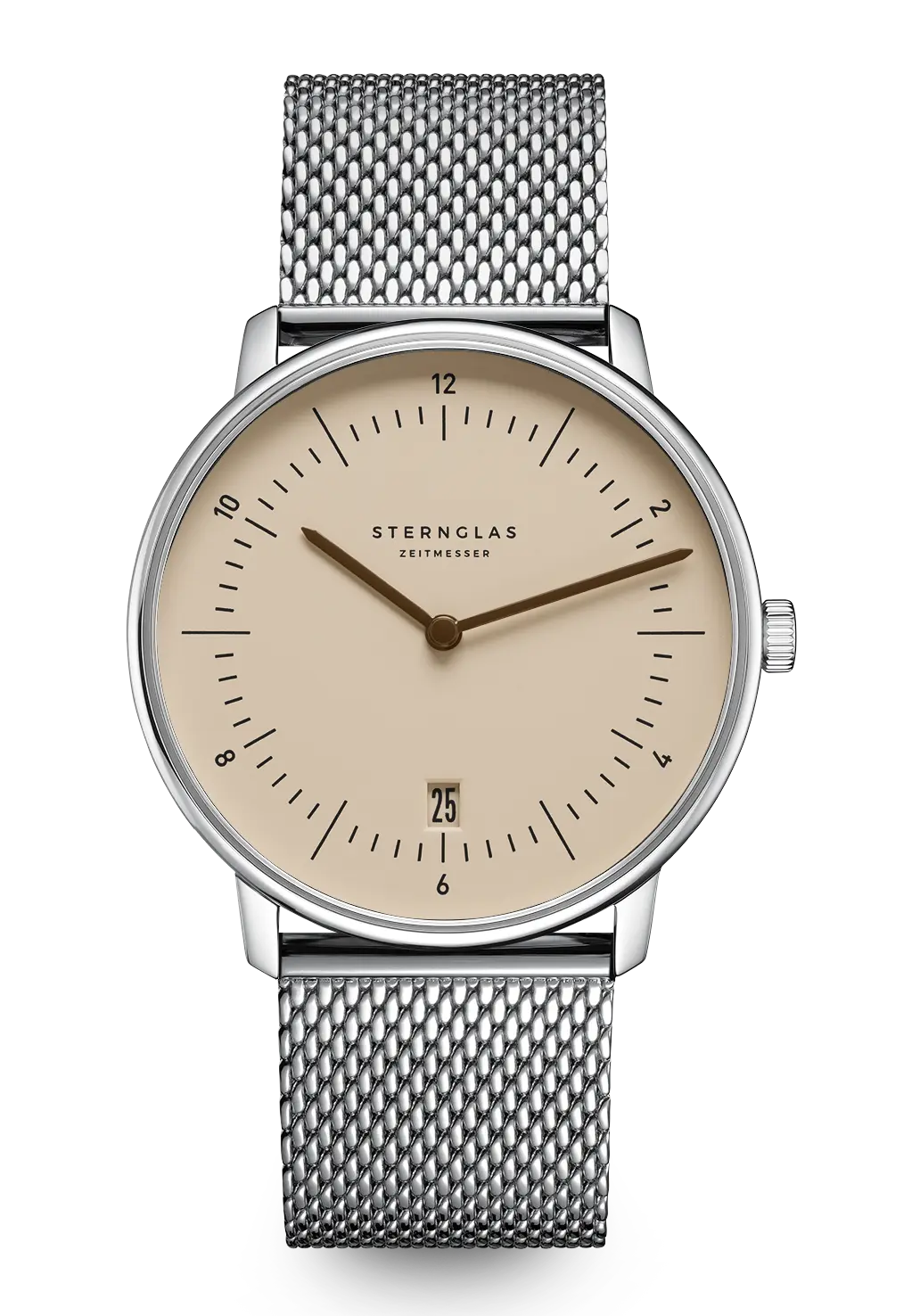 Sternglas Armbanduhr mit sandfarbenem Zifferblatt, silbernem Meshband und Datumsanzeige