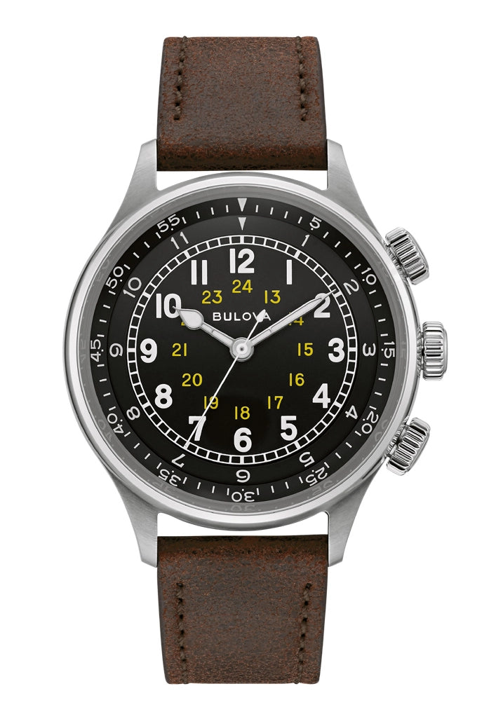 Bulova Herren-Fliegeruhr mit schwarzem Zifferblatt und braunem Lederarmband