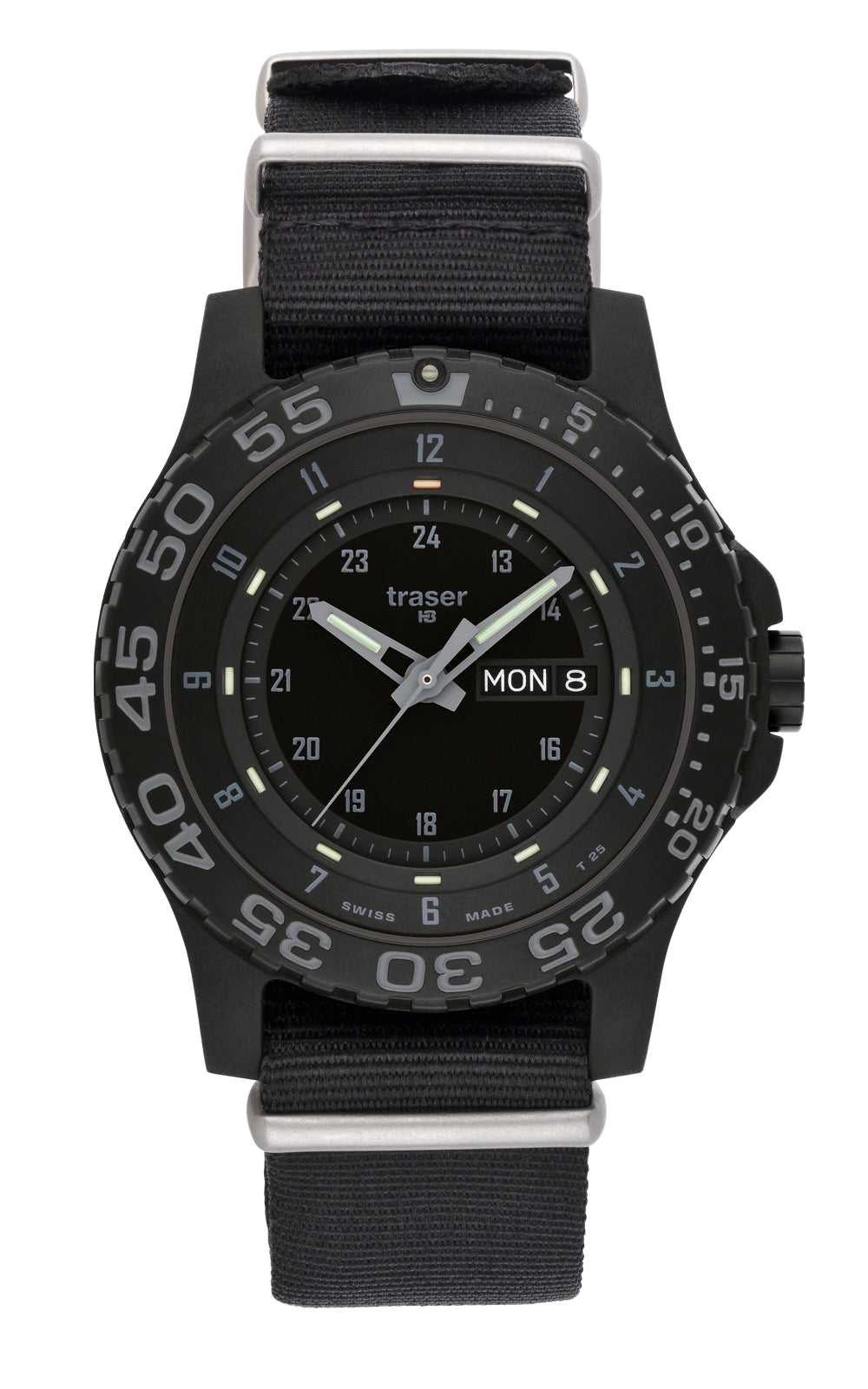 Herrenarmanduhr mit schwarzem NATO-Armband, schwarzem Zifferblatt und Datum bei MON 8
