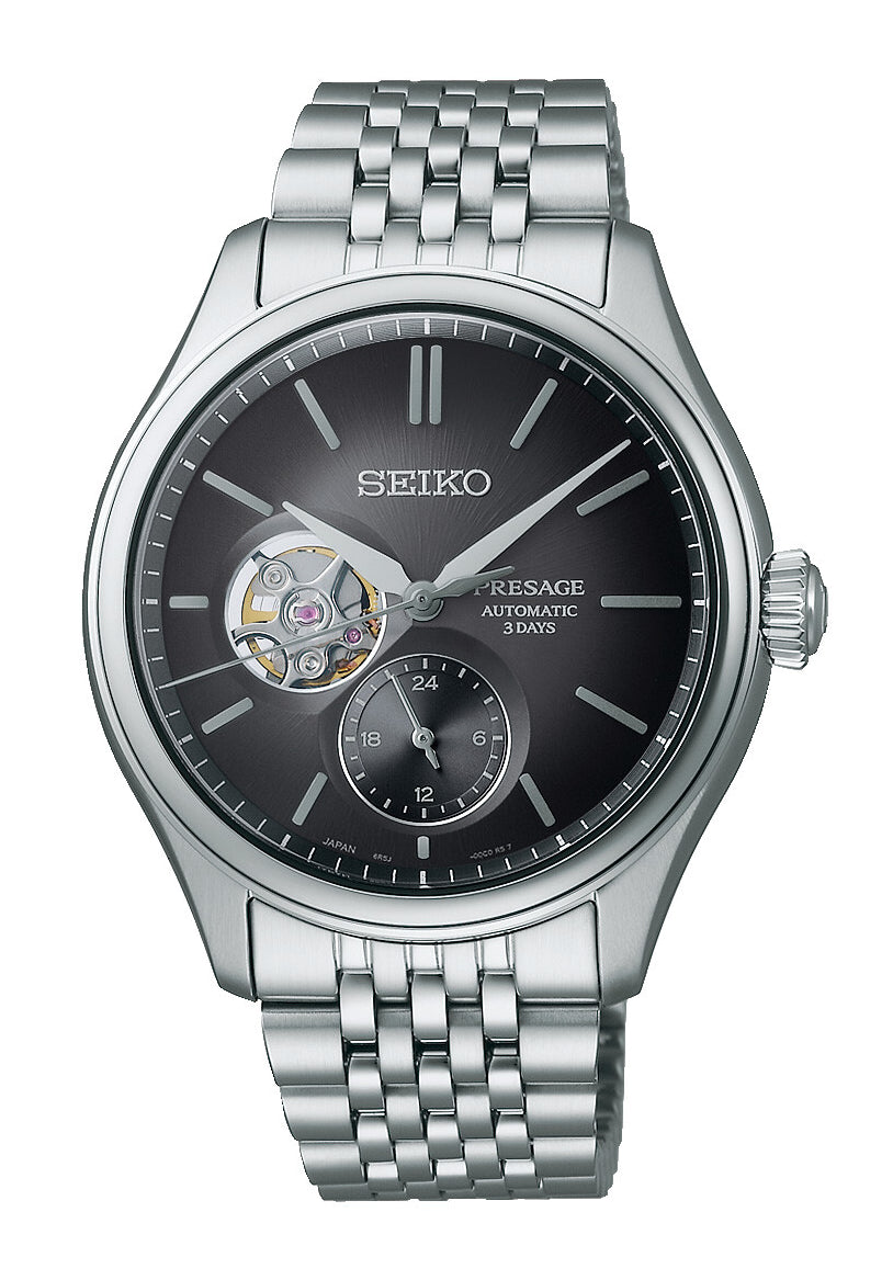 Seiko Presage Herrenuhr: Open-Heart Zifferblatt, dunkel, Edelstahlarmband