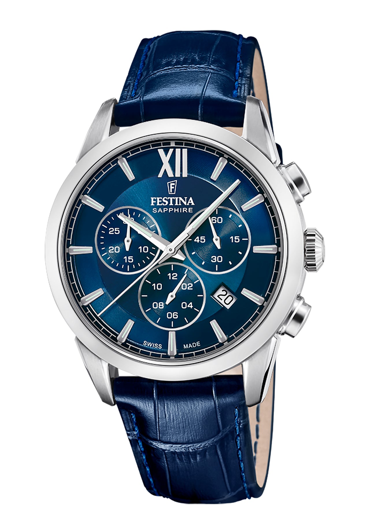 Festina Herren-Chronograph mit blauem Zifferblatt, Stahlgehäuse und Lederarmband