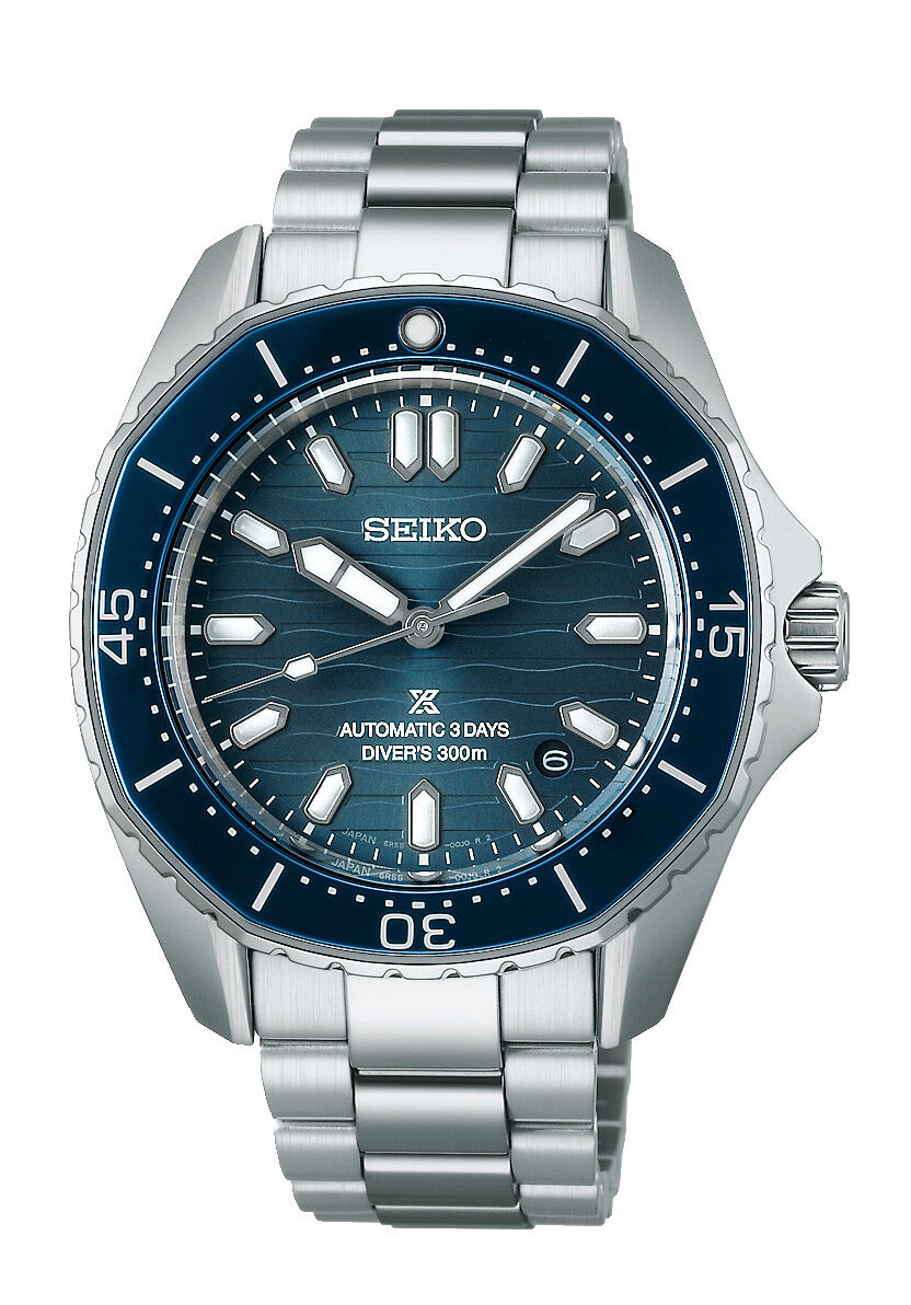 Seiko Prospex Taucheruhr mit blauem Zifferblatt, Edelstahlband und drehbarer Lünette