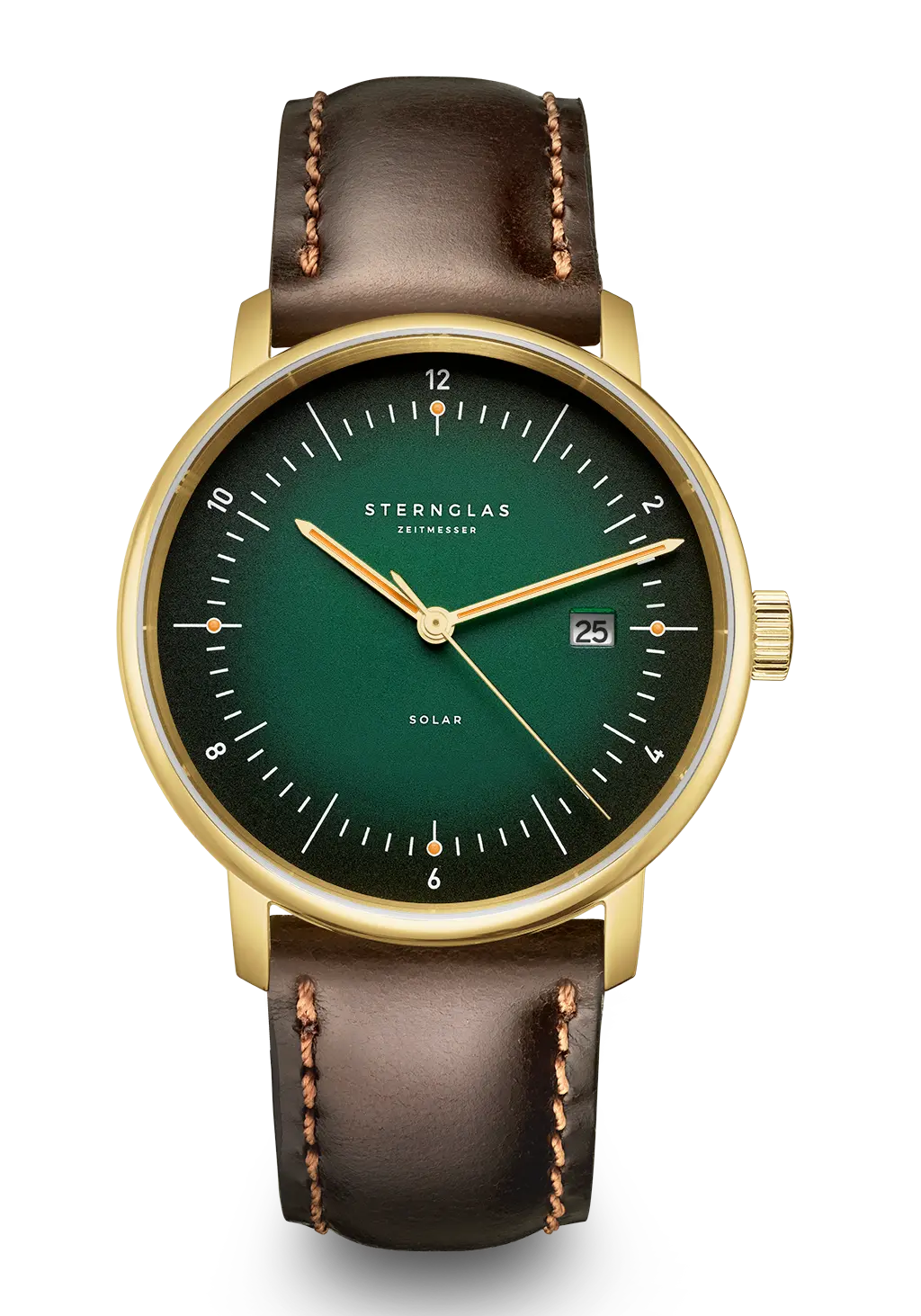 Sternglas Armbanduhr Naos mit dunkelgrünem Zifferblatt, goldener Lünette und Lederband