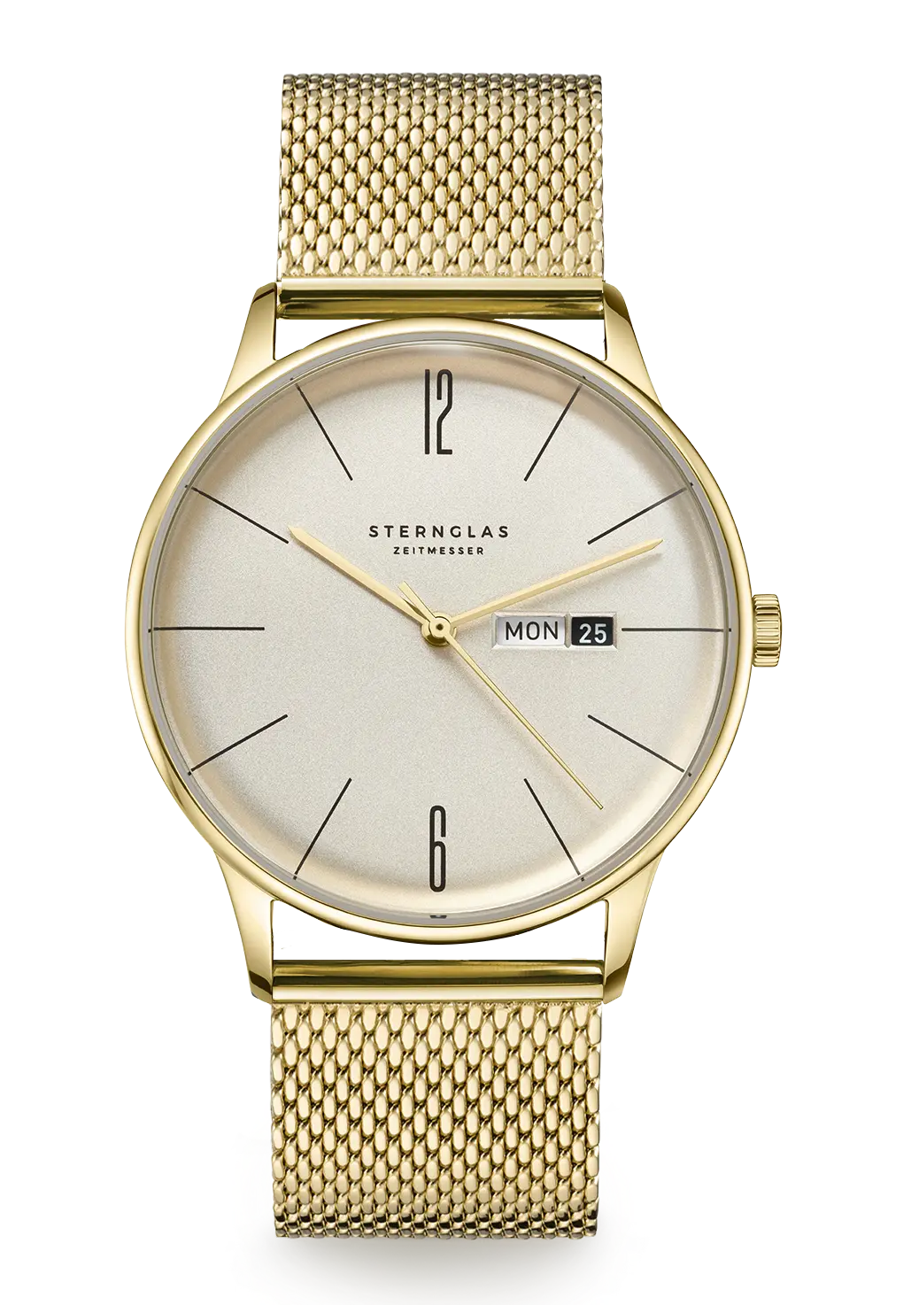 Sternglas Armbanduhr mit goldfarbenem Meshband und weißem Zifferblatt, Datum Mon 25