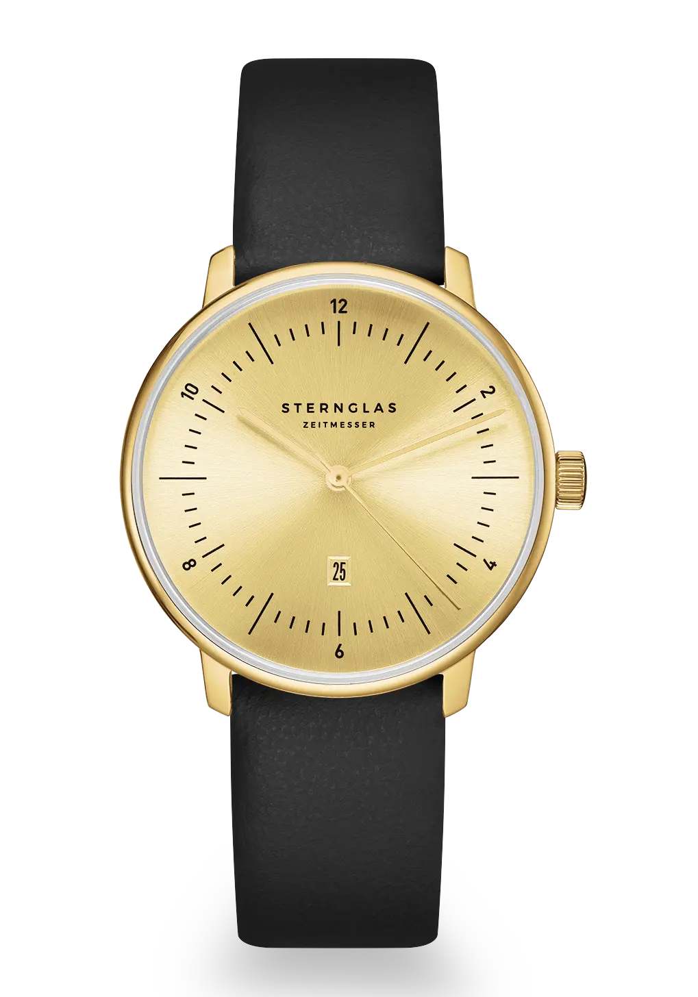 Damenarmbanduhr mit goldfarbenem runden Zifferblatt, Indexen und schwarzem Lederarmband