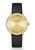 Damenarmbanduhr mit goldfarbenem runden Zifferblatt, Indexen und schwarzem Lederarmband