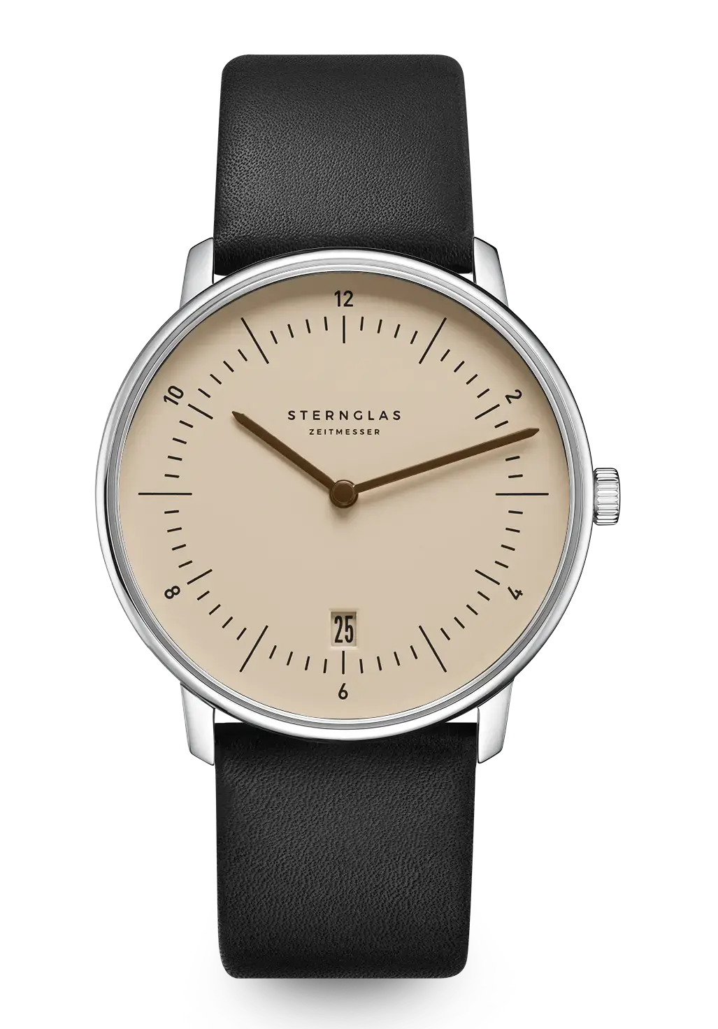 Sternglas Armbanduhr mit rundem Gehäuse, beigem Zifferblatt und schwarzem Lederband