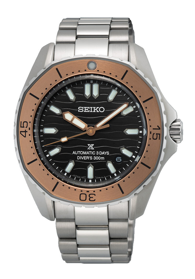 Seiko Prospex Herren-Armbanduhr: Stahlband, schwarzes Zifferblatt, braune Lünette