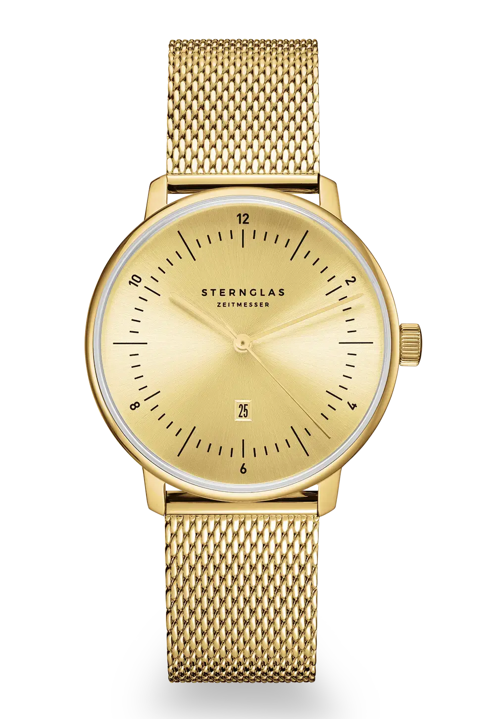 Goldene Damenarmbanduhr mit rundem Zifferblatt, Datumsfenster und Mesh-Armband