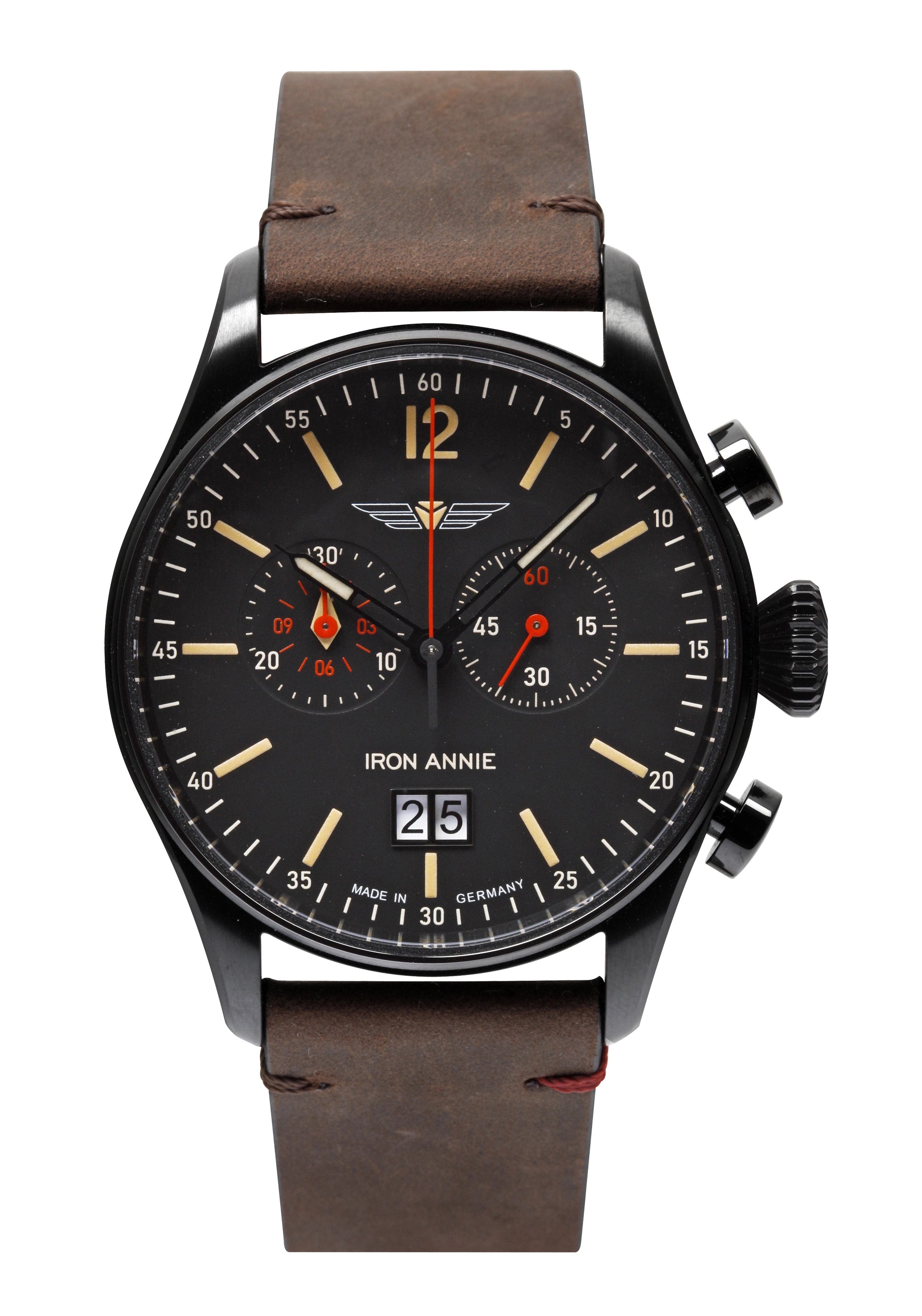 Iron Annie Herren-Chronograph, schwarzes Zifferblatt, braunes Lederarmband