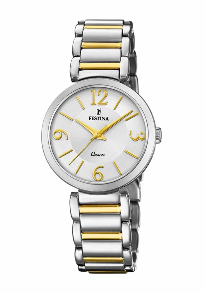 Damenuhr von Festina mit Quarzwerk, zweifarbigem Edelstahlarmband und silbernem Zifferblatt