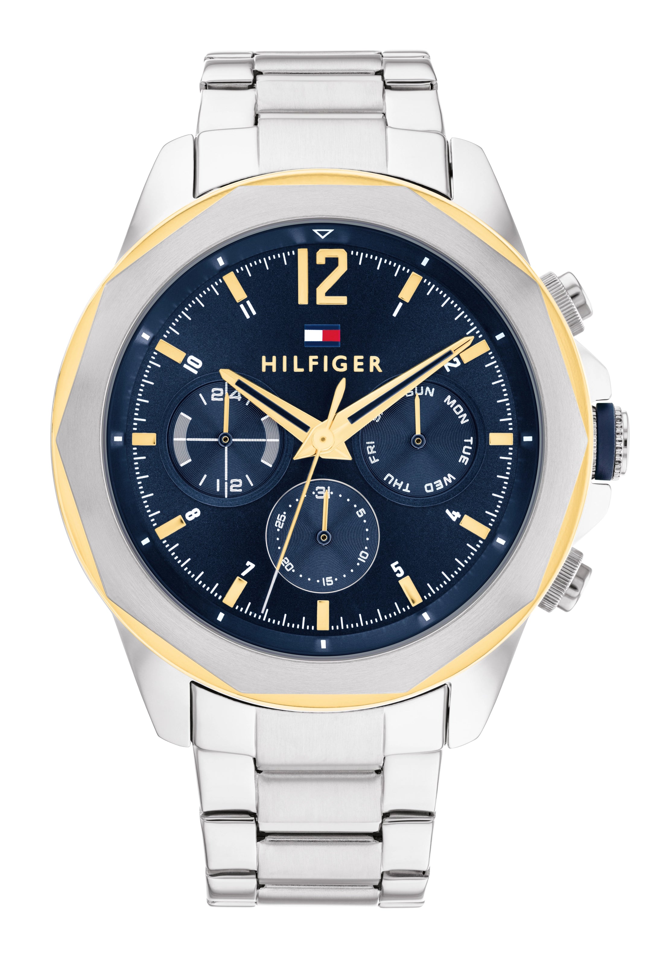 Sportliche Quarzuhr von Tommy Hilfiger: blaues Zifferblatt, Edelstahlband, goldene Akzente