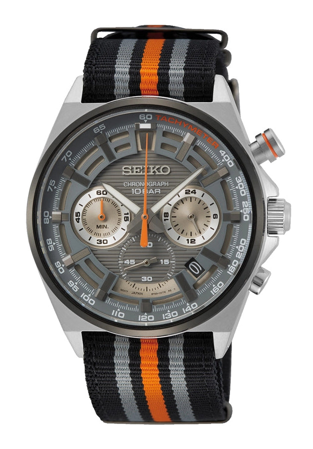 Seiko Herren-Chronographenarmbanduhr: graues Gehäuse, beiges Zifferblatt, orange Akzente, Band