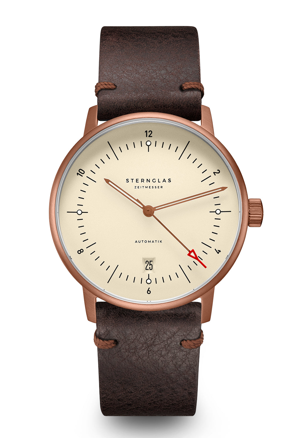 Sternglas Armbanduhr mit roségoldener Lünette, cremefarbenem Zifferblatt und braunem Lederband