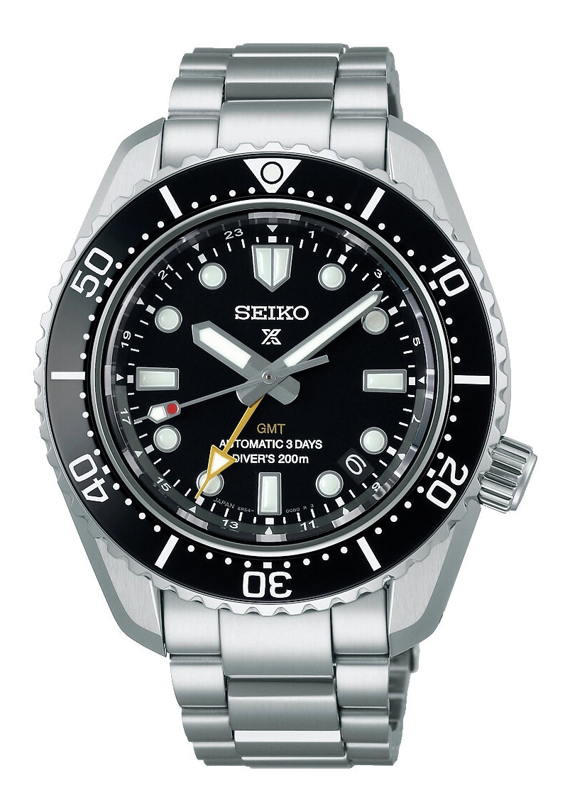 Seiko Prospex Herrenuhr mit schwarzem Zifferblatt, Keramik-Lünette und Edelstahlarmband, GMT