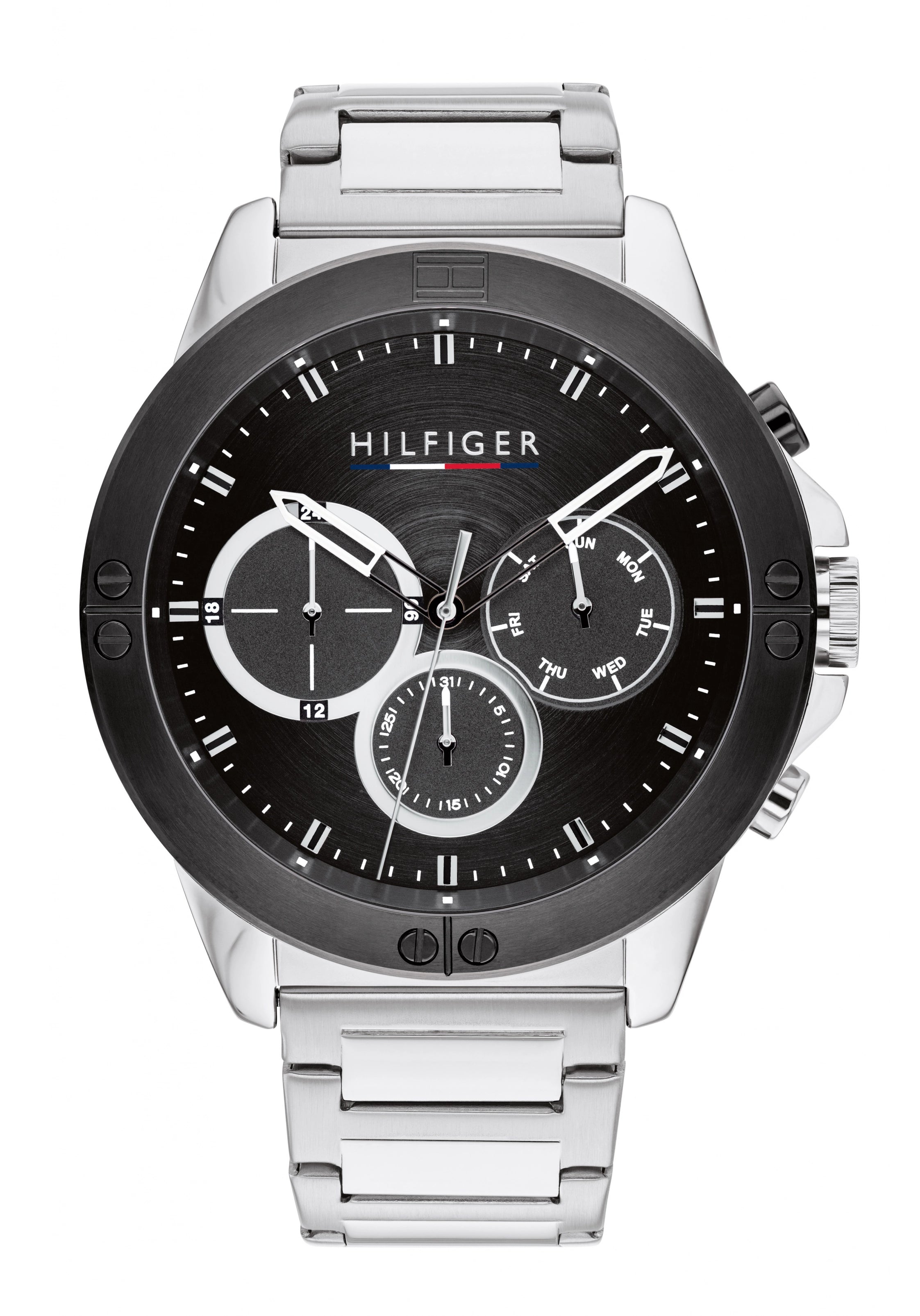 Tommy Hilfiger Herrenarmbanduhr mit schwarzem Zifferblatt, silbernem Stahlband