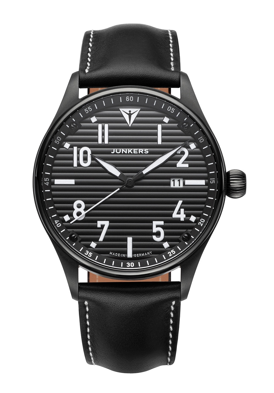 Junkers Herrenfliegeruhr mit schwarzem Lederarmband, rundem Gehäuse und schwarzem Ziffernblatt