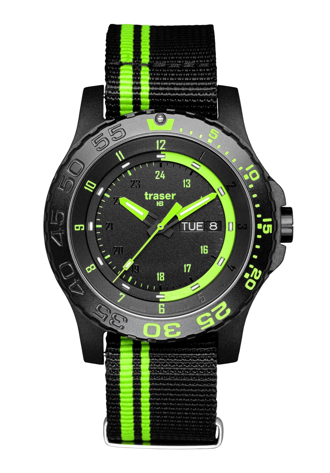Herrenarmbanduhr mit schwarzem Gehäuse, grünem Zifferblatt und schwarzem Textilband mit grünen Streifen