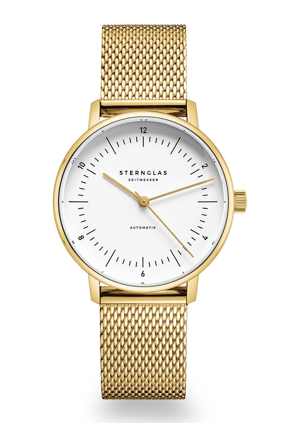 Goldfarbene Damenuhr mit weißem Zifferblatt und Mesh-Armband, klare Zeitanzeige