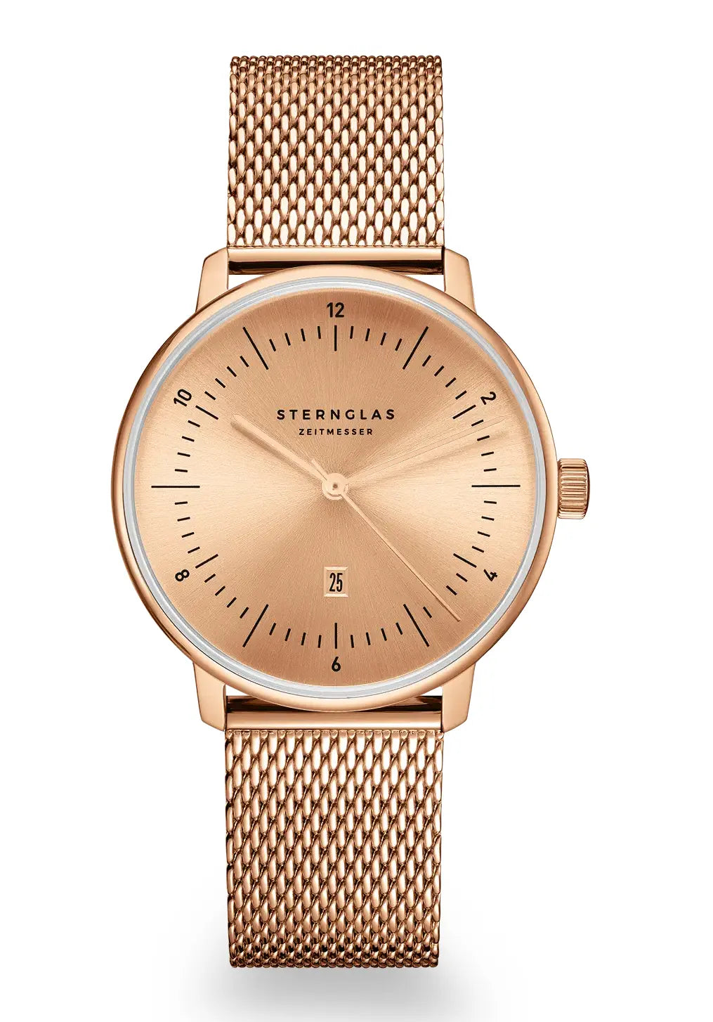 Sternglas Damen-Armbanduhr, roségoldenes Meshband, beiges Zifferblatt