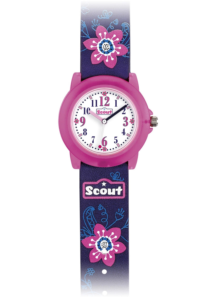 Kinderuhr mit violettem Armband, Blumenmotiv, rundes Zifferblatt mit bunten Zahlen