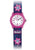 Kinderuhr mit violettem Armband, Blumenmotiv, rundes Zifferblatt mit bunten Zahlen