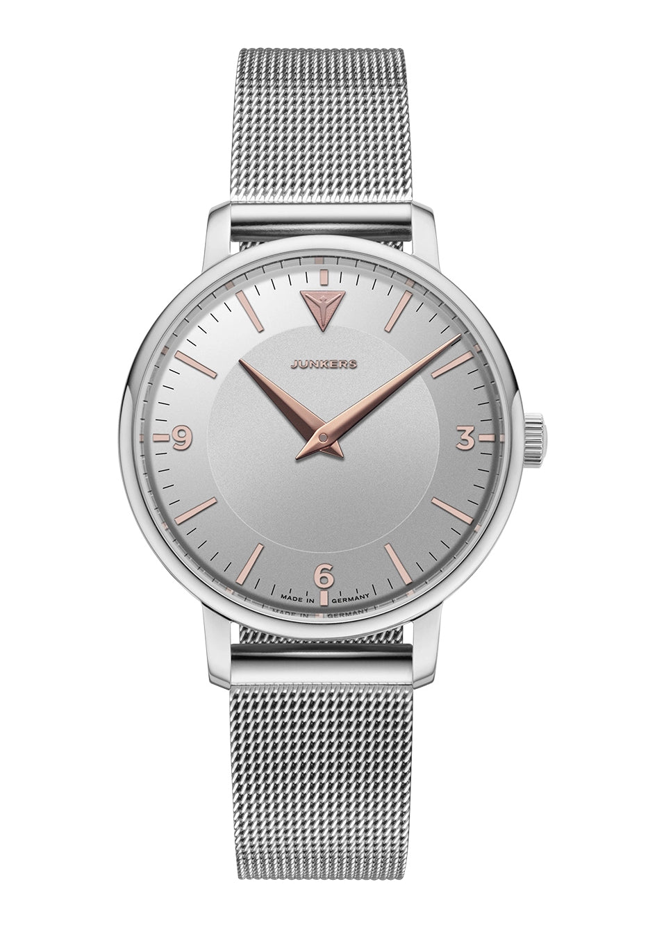 Silberfarbene Damenuhr mit Metallarmband, rundem Zifferblatt, aufgesetzter Krone und Indexen