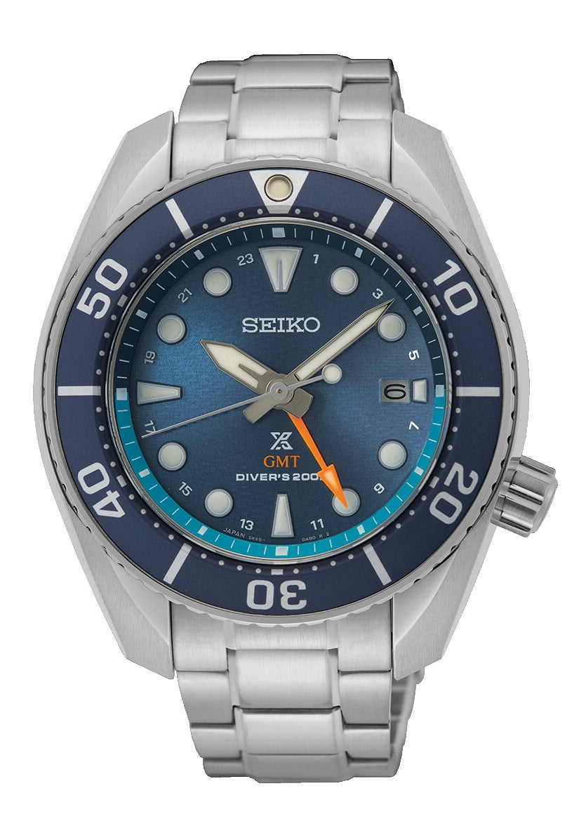 Herrenarmbanduhr von Seiko Prospex mit blauem Zifferblatt, GMT und Stahlband
