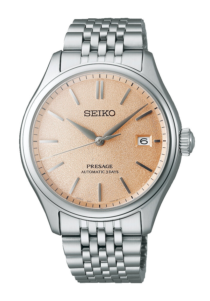 SEIKO Presage Herrenuhr mit beigem Zifferblatt, Stahlband und Datumsanzeige bei 6