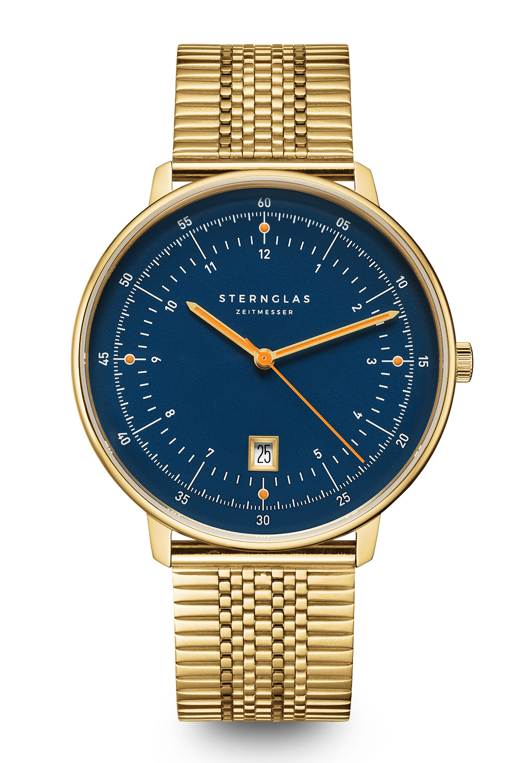 Sternglas Herrenuhr mit blauem Zifferblatt, goldfarbenem Metallarmband und Datumsfenster