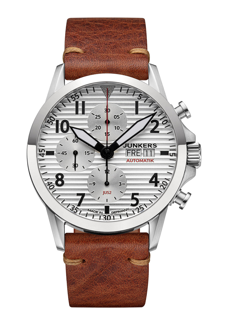 Junkers Automatik-Chronograph: weißes Zifferblatt, braunes Lederband, Edelstahlgehäuse