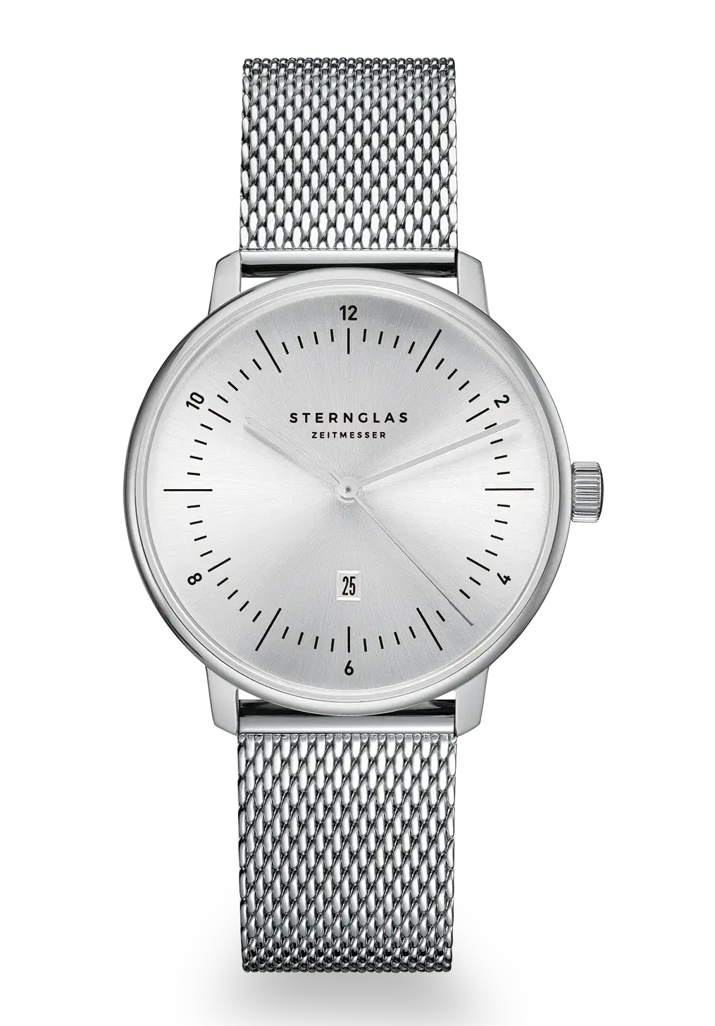 Sternglas Naos XS Damenarmbanduhr: silbernes Mesh-Band, weißes Zifferblatt