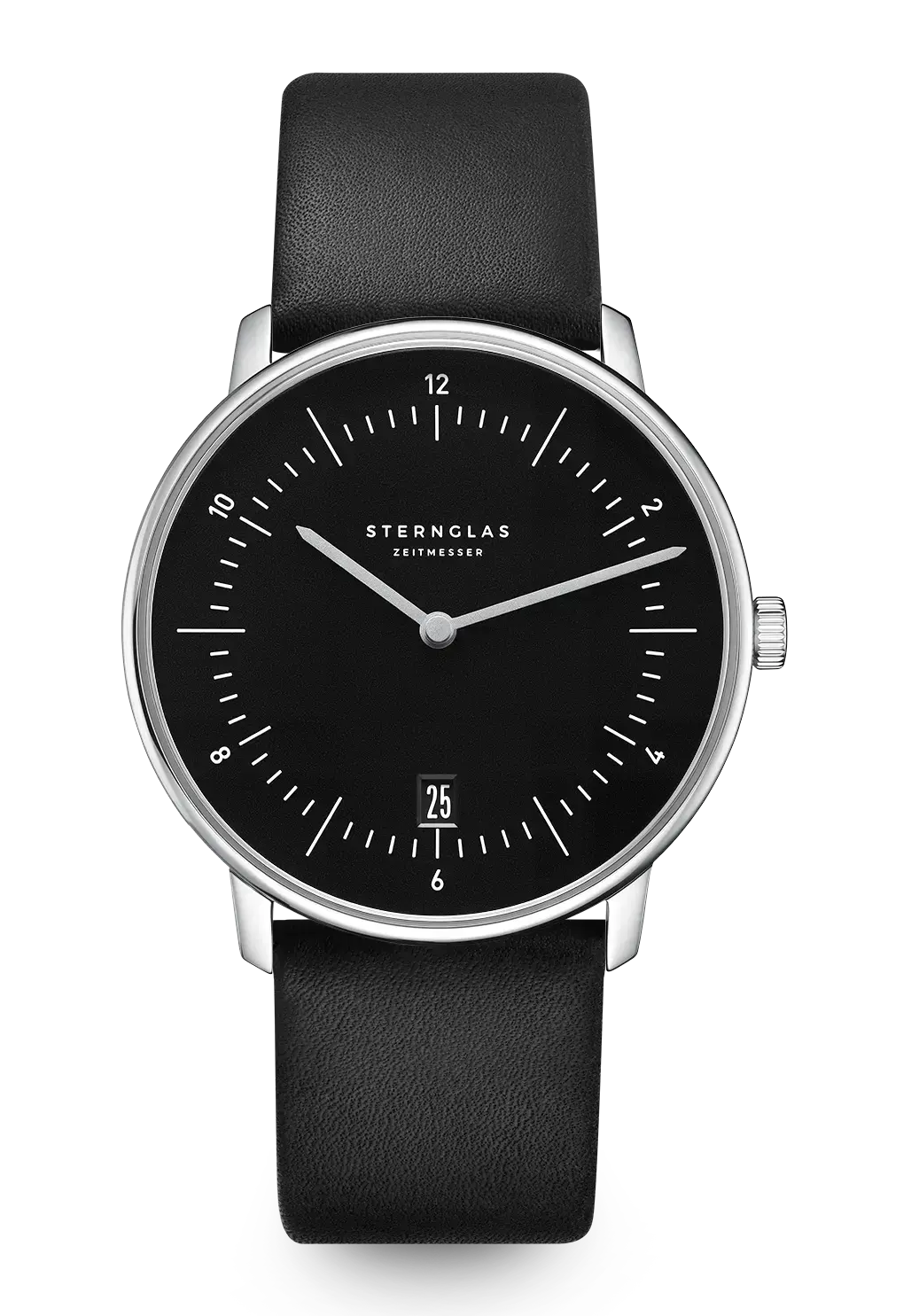 Schwarze Armbanduhr mit Lederband, rundem Stahlgehäuse und schwarzem Zifferblatt, Datumsfenster