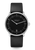 Schwarze Armbanduhr mit Lederband, rundem Stahlgehäuse und schwarzem Zifferblatt, Datumsfenster