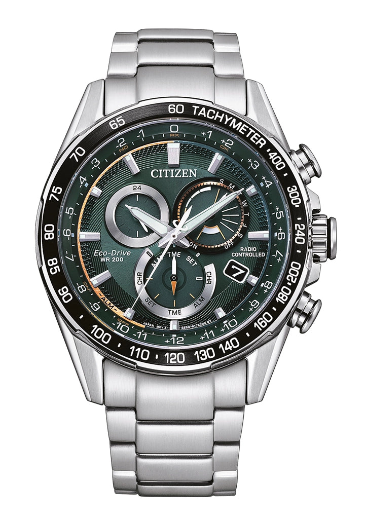 Citizen Herrenarmbanduhr mit Edelstahlband, silberner Lünette und grünem Zifferblatt