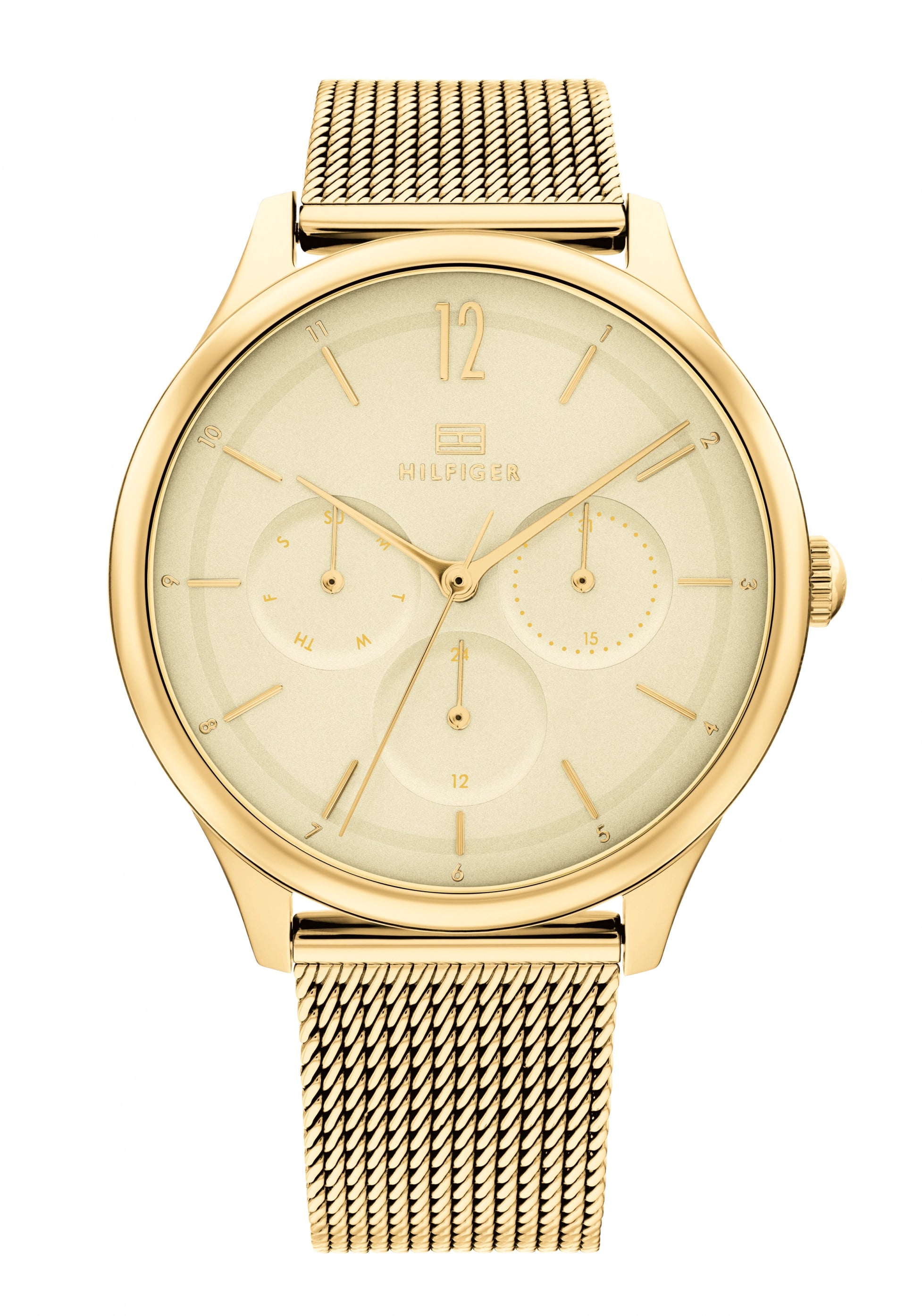 Tommy Hilfiger Damenuhr mit rundem goldfarbenem Meshband und cremefarbenem Zifferblatt