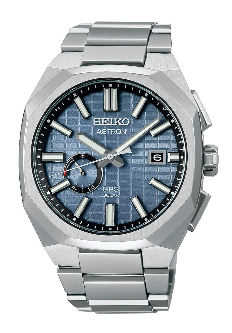 Seiko Astron GPS-Solar Herrenuhr mit blauem Zifferblatt und Edelstahlarmband