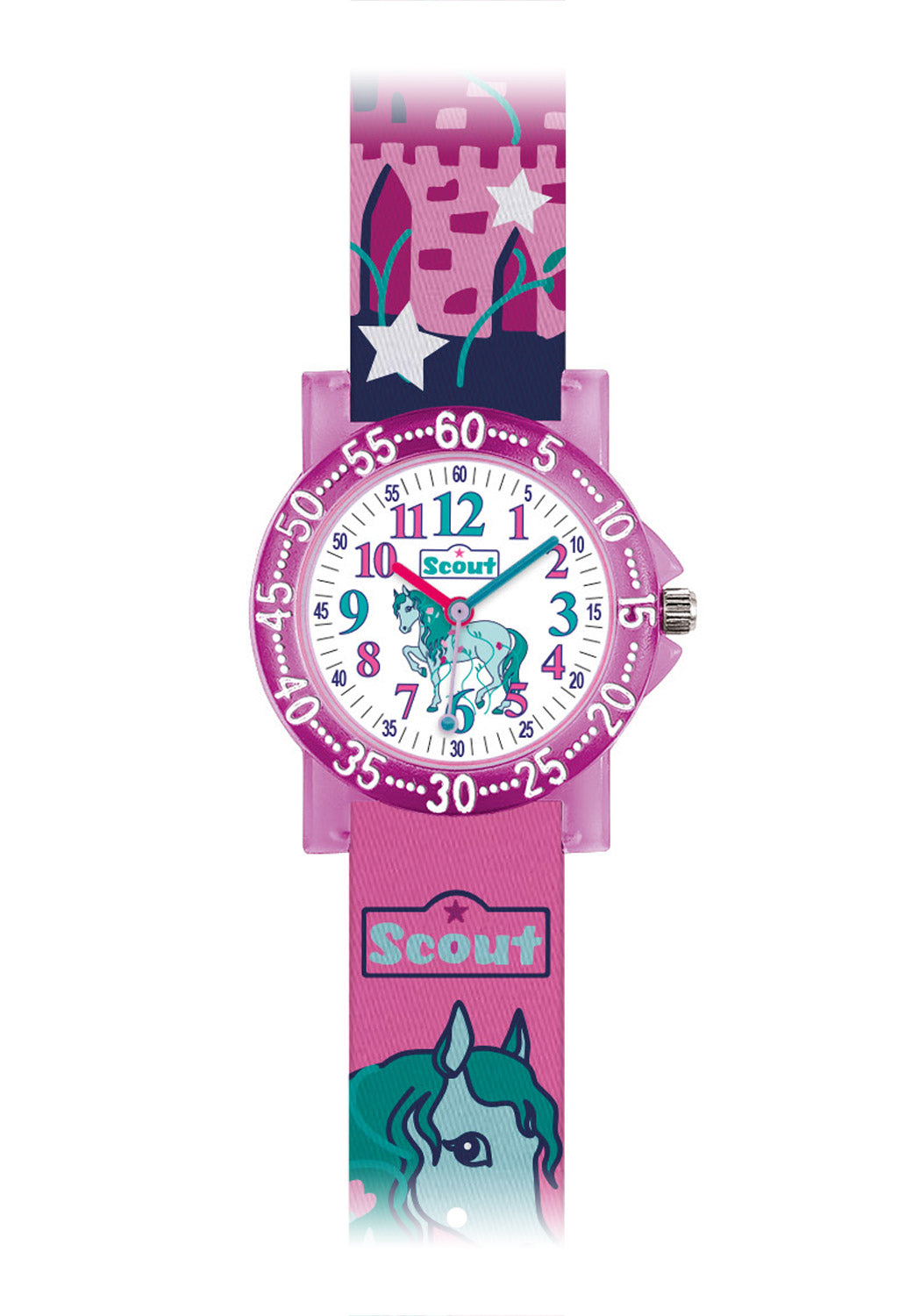 Rosa Kinderuhr mit Quarzwerk, rundem Zifferblatt und Pferdemotiv am Armband