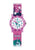 Rosa Kinderuhr mit Quarzwerk, rundem Zifferblatt und Pferdemotiv am Armband