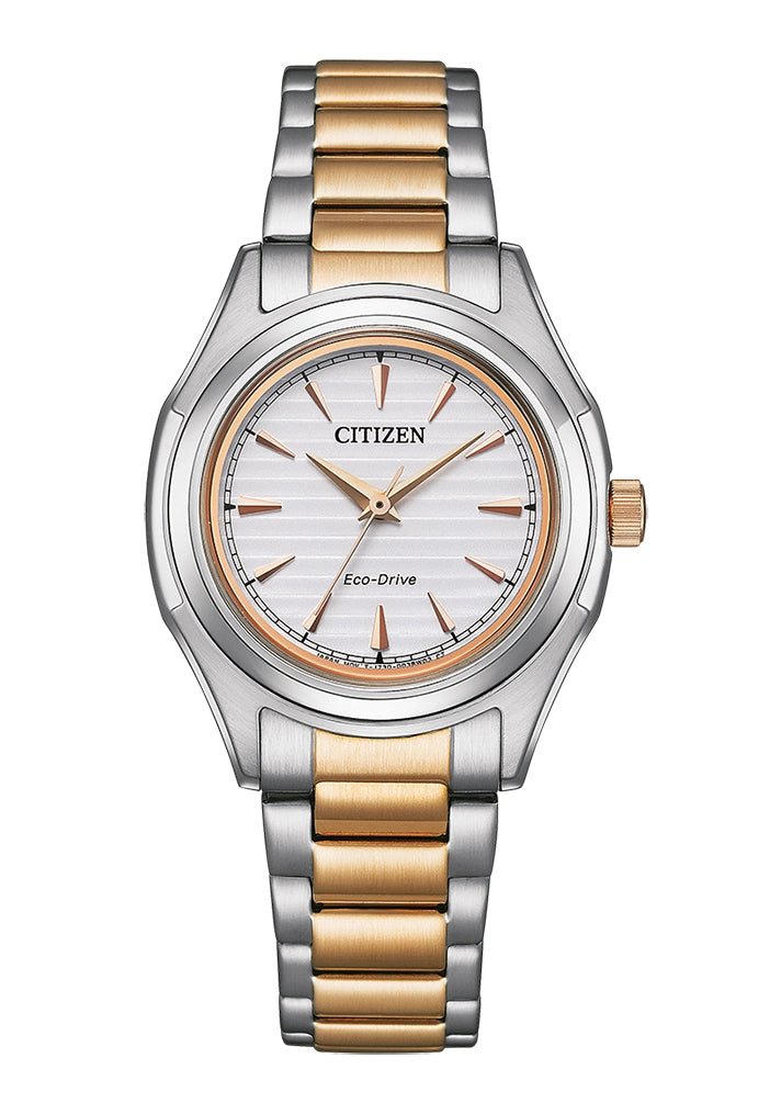 Citizen Eco-Drive Damenuhr mit silberfarbenem Gehäuse, goldfarbenem Band und weißem Zifferblatt